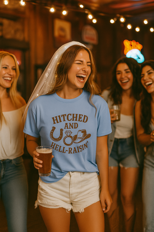 Country Bachelorette party T-shirt, Unisex Tee, Western Bridal Shower Shirt, Hitched and Hell-Raising Top, Southern Wedding Apparel