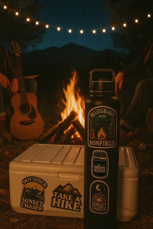 Bluegrass and Bonfires Kiss-Cut Vinyl Decals | Rustic Outdoor Decor, Campfire Stickers, Music Lover Gifts, Hiking Essentials, Custom [...]