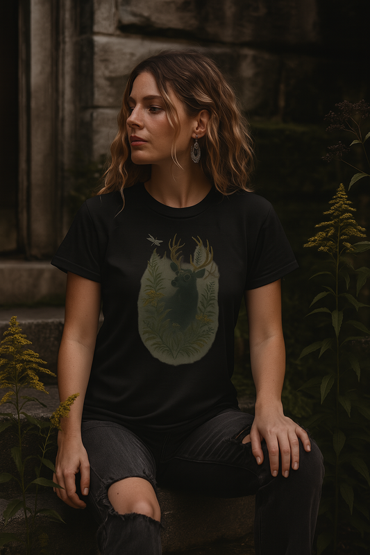 Woman wearing a black t-shirt with a nature-themed design, sitting in a forest setting.