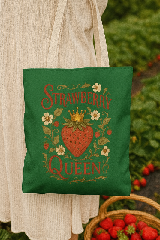 Strawberry Queen Tote Bag, Floral Reusable Shopping Bag, Eco-Friendly Gift, Summer Accessory, Farmer's Market Essential