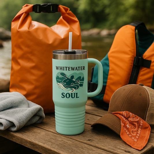 Teal mug with 'Whitewater Soul' design on a wooden surface with outdoor gear.