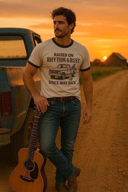Vintage Ringer T-Shirt with Saying Raised on Rhythm and Rust, Unisex Tee, Retro Graphic Tee, Classic Cotton Shirt, 70s Inspired Top