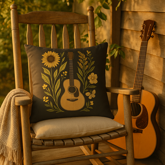 Folk Art Pillow, Guitar Butterfly Sunflower on Faded Black Background - Spun Polyester Square Pillow, Home Decor Accent, Unique Throw