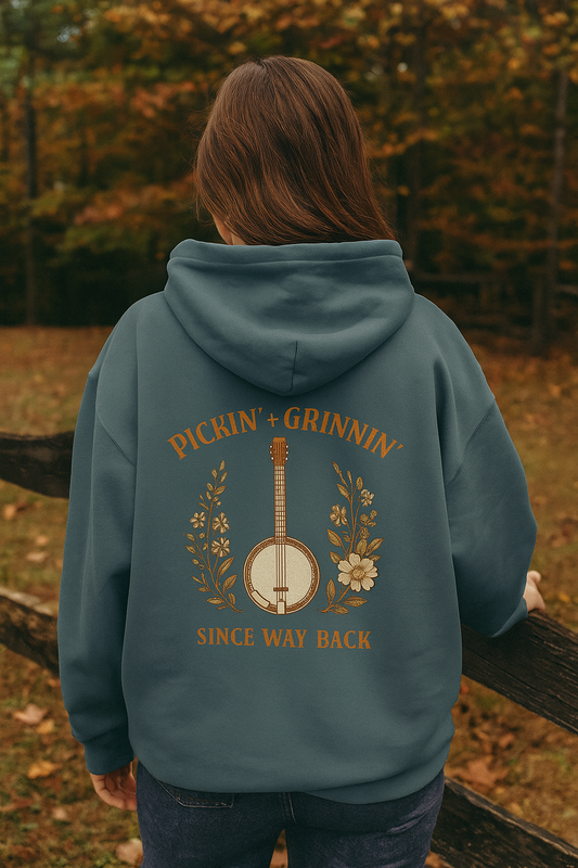 Vintage hoodie Sweatshirt with Pickin and Grinnin Banjo design on the back for bluegrass lovers