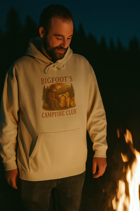 Bigfoot Campfire Club Hoodie, Mountains & Labrador, Unisex Pullover, Outdoor Camping Sweatshirt, Nature Lover Gift