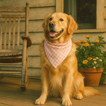 Dog wearing a checkered bandana sitting on a wooden deck with a chair and flowers in the background.
