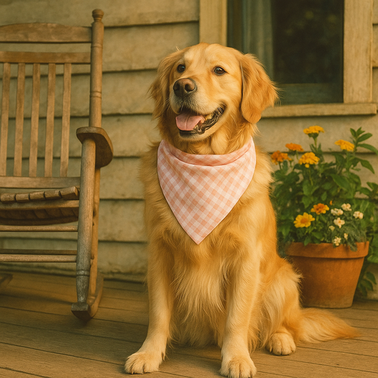 Dog wearing a checkered bandana sitting on a wooden deck with a chair and flowers in the background.
