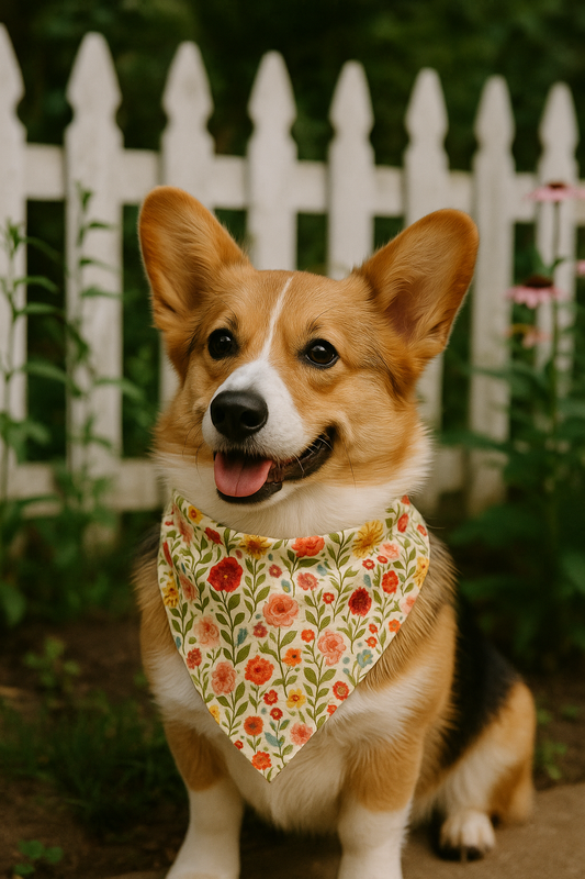 Corgi wearing a floral bandana in front of a white picket fence.