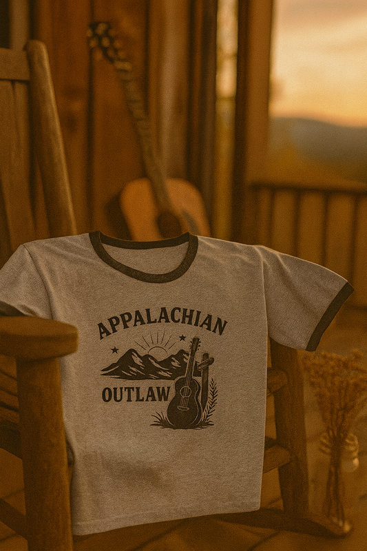 Appalachian Outlaw Ringer Tee ,Vintage Country Music Shirt, Retro Mountain Guitar Graphic, Gift for Him or Her