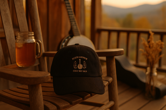 Black cap with white text on a wooden chair with a jar of iced tea and a guitar in the background.