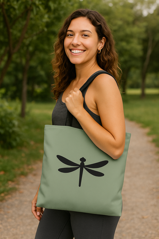 Woman holding a green tote bag with a dragonfly design in a park setting