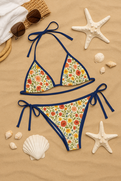 Wildflower Coast Bikini – Vintage Floral with Navy Ties