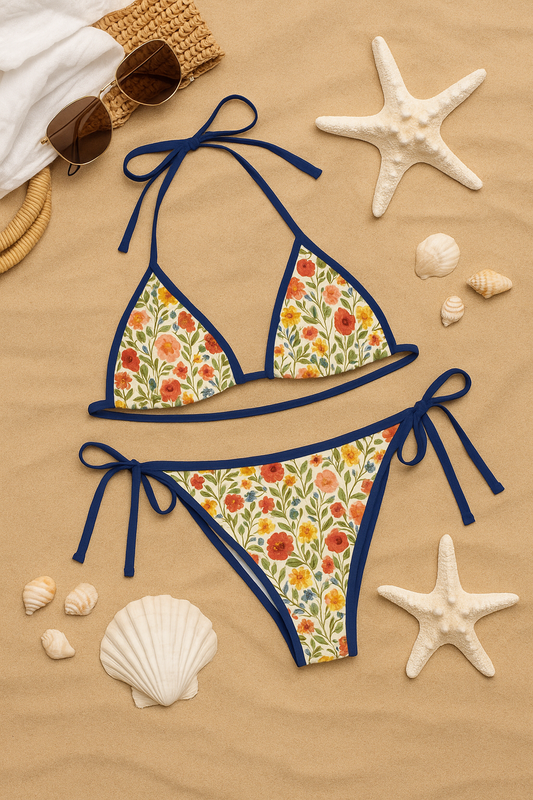 Wildflower Coast Bikini – Vintage Floral with Navy Ties