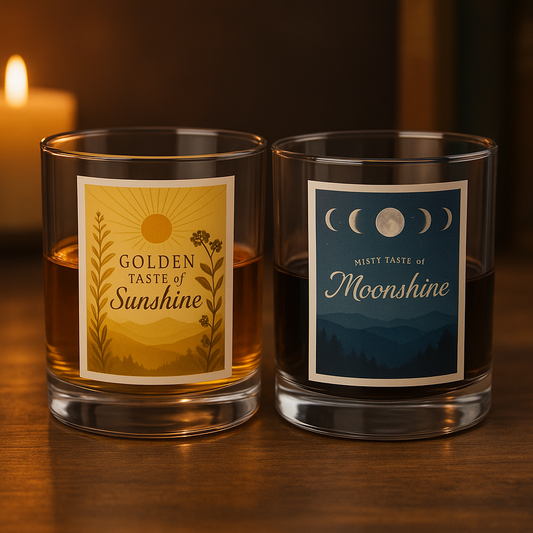 Two whiskey glasses labeled 'Golden Taste of Sunshine' and 'Misty Taste of Moonshine' on a wooden surface