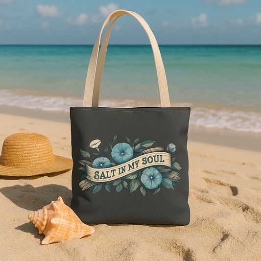 Salt in my Soul Faded Morning Glory and Driftwood Beach Bag - Tote Bag, Shoulder Bag, Shopping Bag, Beach Tote, Summer Bag