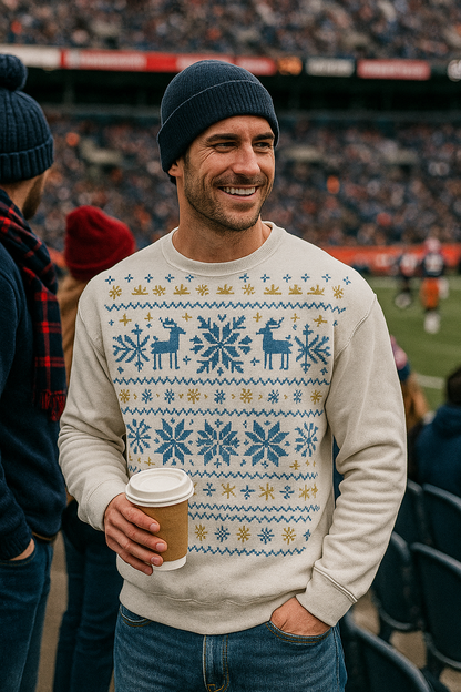 Man wearing a patterned sweater holding a coffee cup at a sports event