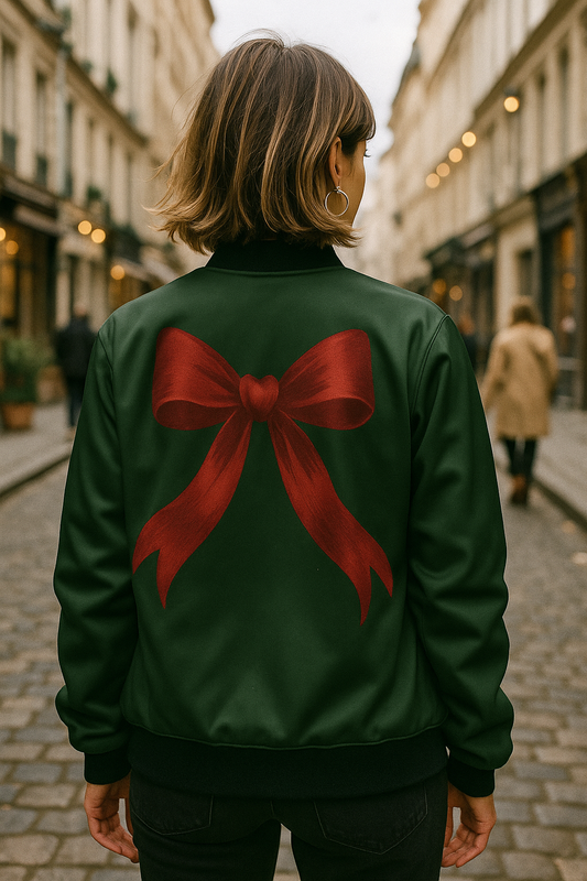 Coquette Christmas Bow Bomber Jacket – Velvet-Style Red Bow, Jewel-Tone Evergreen, Chic Holiday Gift Wrap Aesthetic