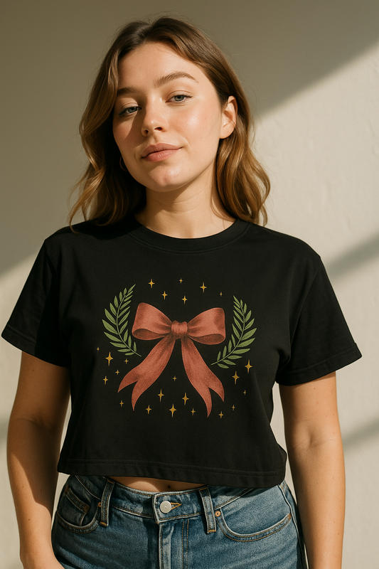 Coquette Velvet Bow Holiday Tee – Black | Festive Boxy Crop Top
