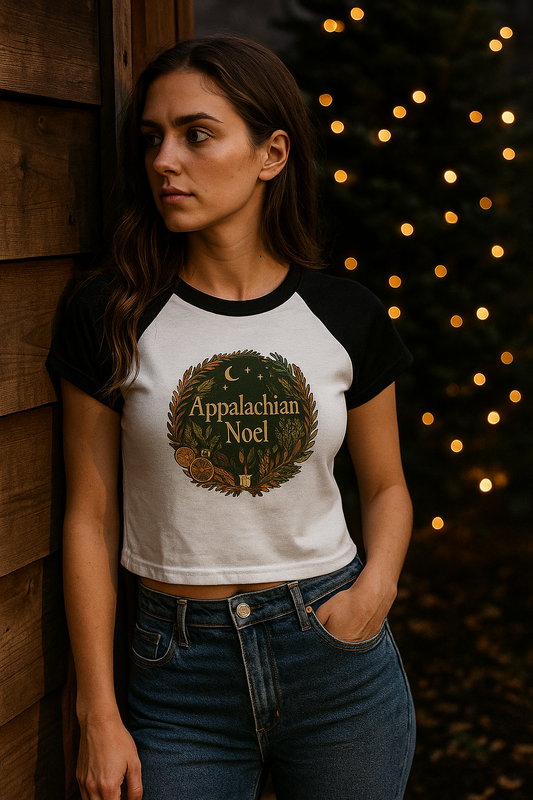 Appalachian Noël Raglan Baby Tee – Cozy Folk Holiday Top | Rustic Winter Aesthetic Shirt | Vintage Botanical Christmas Tee