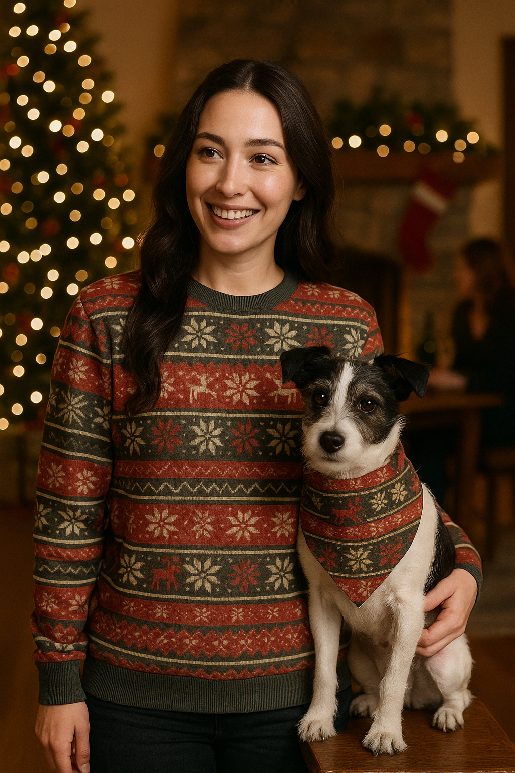 Woman and dog wearing matching festive sweaters in a cozy indoor setting with Christmas decorations.