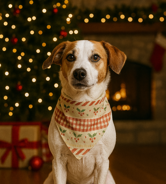 Dog wearing a festive bandana in front of a decorated Christmas tree and fireplace.