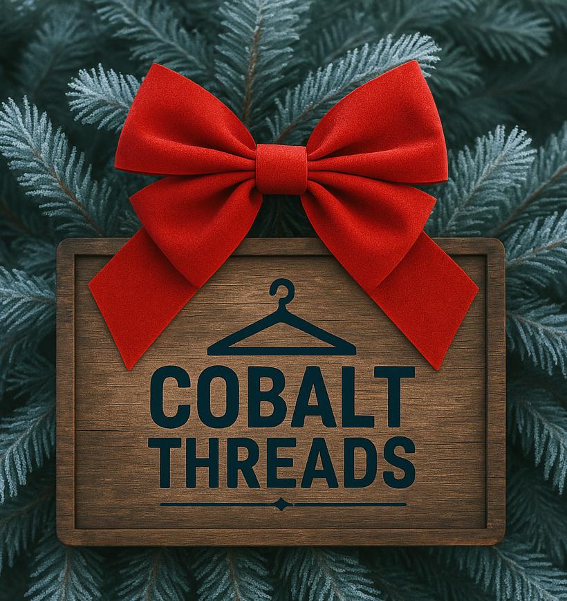 Wooden sign with 'Cobalt Threads' and a red bow on a green leafy background