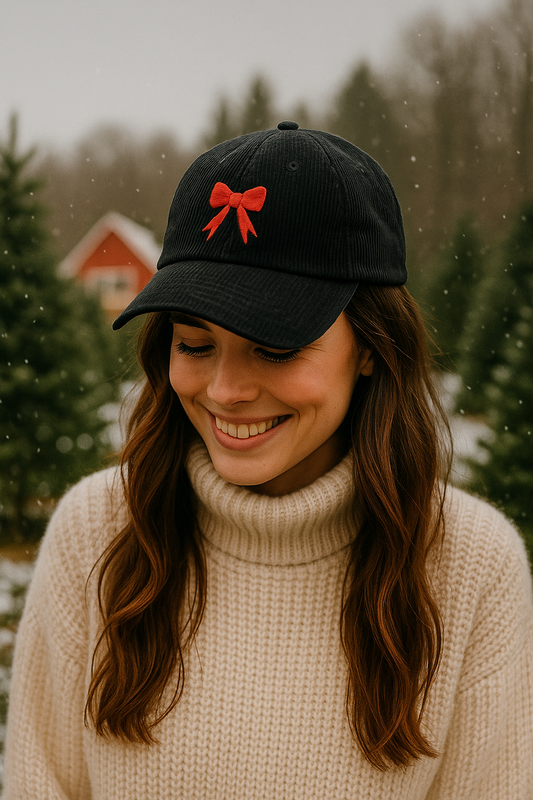 Woman wearing a black cap with a red bow in a snowy outdoor setting