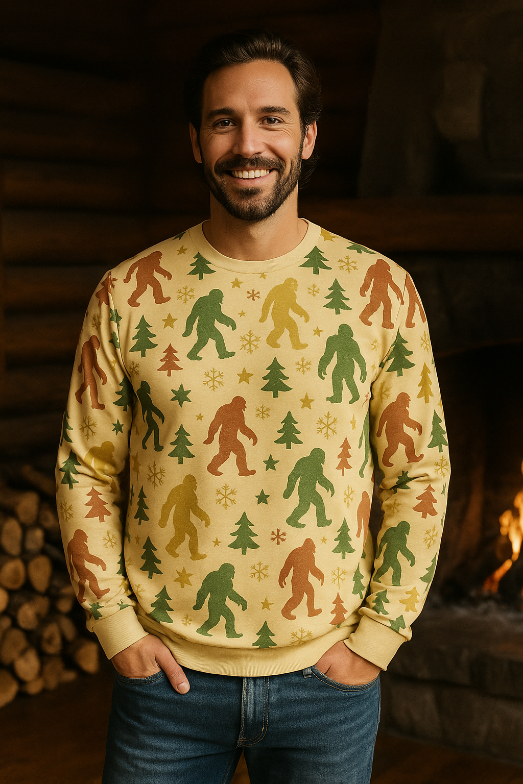 Man wearing a sweater with bigfoot and tree patterns in front of a fireplace.