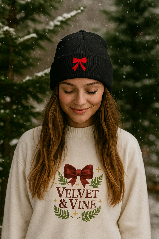 Woman wearing a black beanie with a red bow and a cream sweater with 'Velvet & Vine' design, standing in a snowy forest.