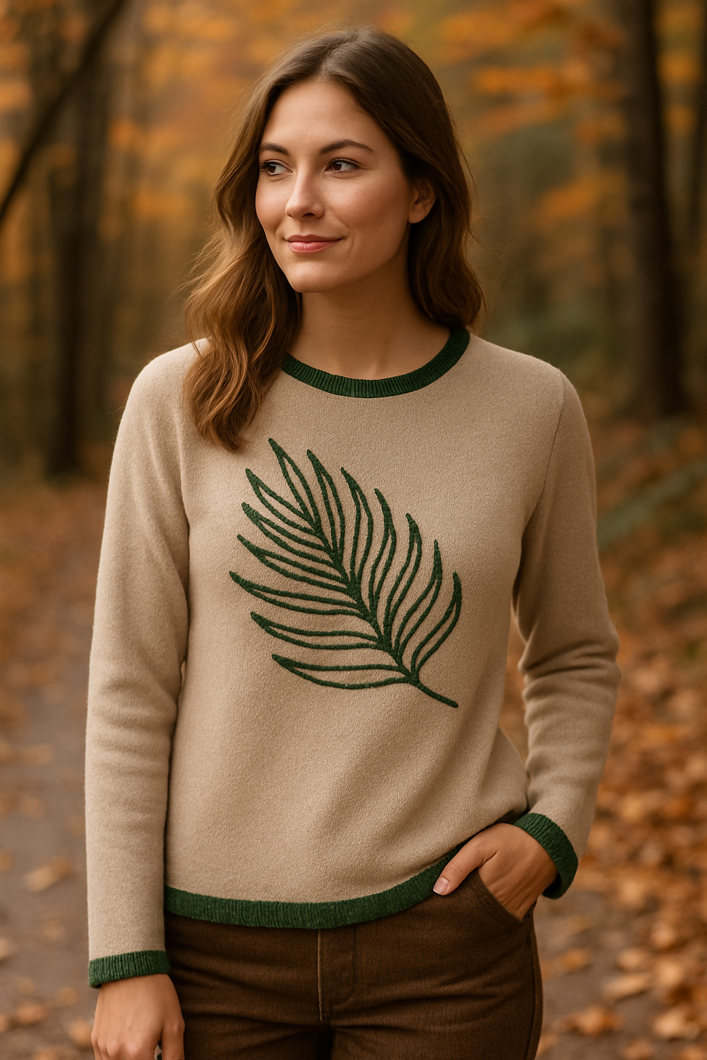 Woman wearing a beige sweater with a green leaf design in an autumn forest.