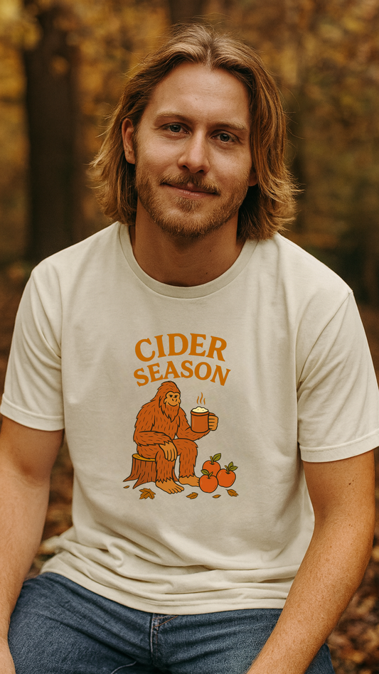 Bigfoot Cider Season Tee, Cozy Fall Shirt, Gift for Autumn Lovers, Pumpkin Carving, Harvest Festival Apparel, Unisex Graphic Tee
