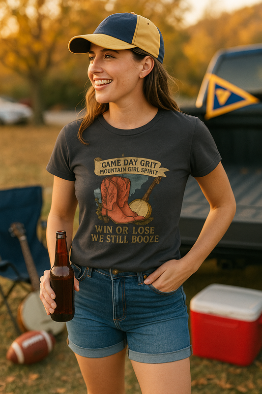 Game Day Grit T-Shirt , Mountain Girl Shirt with Boots & Banjo , Funny Country Concert Tee, Win or Lose We Still Booze, Tailgate Apparel