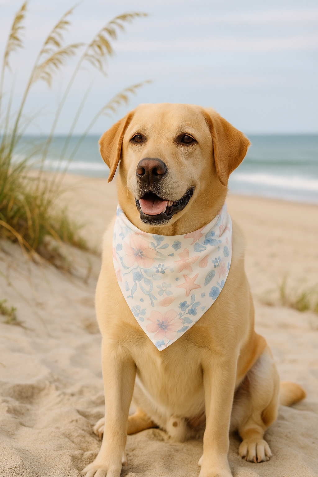Dog sitting on a sandy beach wearing a floral bandana
