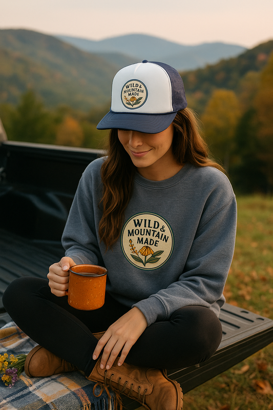 Person wearing a 'Wild & Mountain Made' cap and sweatshirt, sitting outdoors with mountains in the background.
