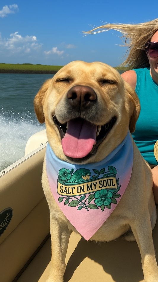 Woman and dog on a boat with a blue sky background featuring a slat in my soul dog scarf