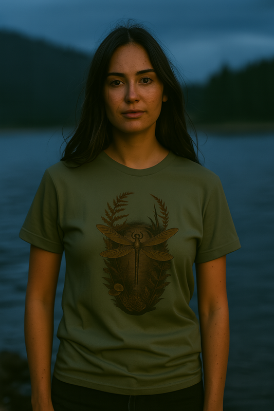 Woman wearing a green t-shirt with a dragonfly vintage botancial design against a dark background