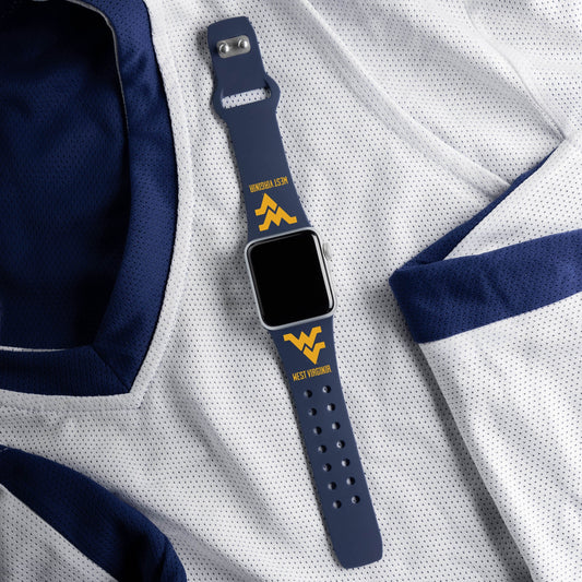 Smartwatch with a West Virginia University band on a sports jersey background