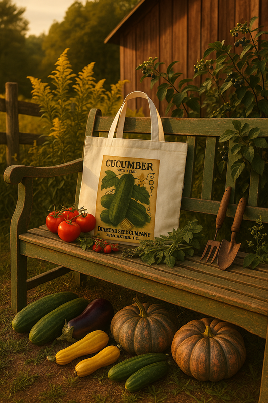 Cotton Canvas Tote Bag, Heirloom Cucumber Vintage Seed Packet Eco Market Tote, Reusable Grocery Bag, Farmers Market Tote, Eco-Friendly