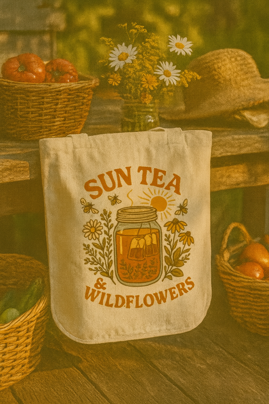 Sun Tea and Wildflowers Organic Canvas Tote Bag, Farmers Market Reusable Eco Friendly Bag, Nature Lover Gift, Sustainable Shopping Tote,
