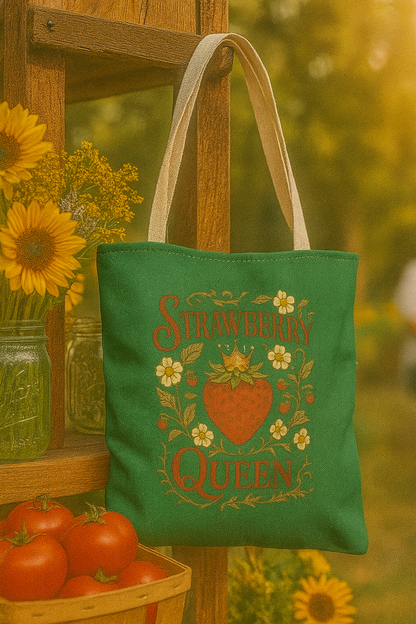 Strawberry Queen Tote Bag, Floral Reusable Shopping Bag, Eco-Friendly Gift, Summer Accessory, Farmer's Market Essential