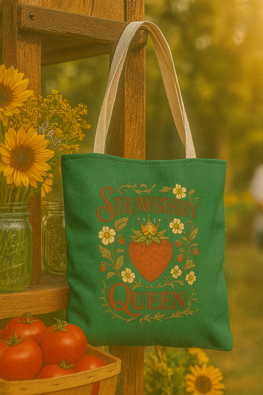 Strawberry Queen Tote Bag, Floral Reusable Shopping Bag, Eco-Friendly Gift, Summer Accessory, Farmer's Market Essential