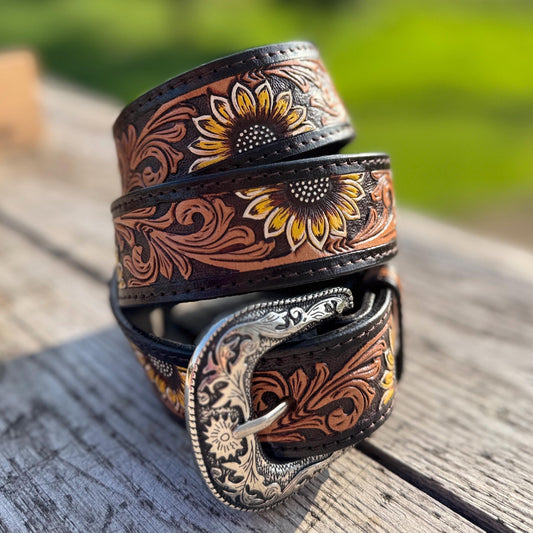Sunflower Tooled Genuine Leather Belt