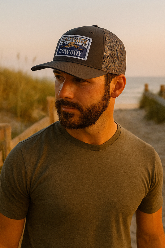 Snapback Trucker Cap with 'Saltwater Cowboy' Design | Vintage Outdoor Hat, Gift for Outdoorsy Friends, Casual Wear, Summer Style