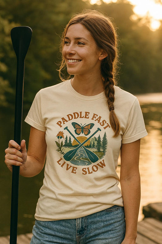 Water Rafting Butterfly Women's Tee Shirt, Outdoor Adventure River Scene Graphic Top, Nature Lover Gift, Hiking Camping Tshirt, Novelty