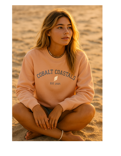Crewneck Beach Sweatshirt - Cobalt Coastals University Seashell Design