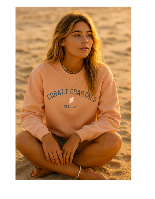 Crewneck Beach Sweatshirt - Cobalt Coastals University Seashell Design
